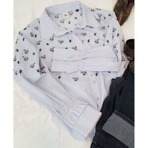 Cabi Blue Floral Pinstripe Button Up Shirt Smocked Ruffled Sleeve Women Sz M